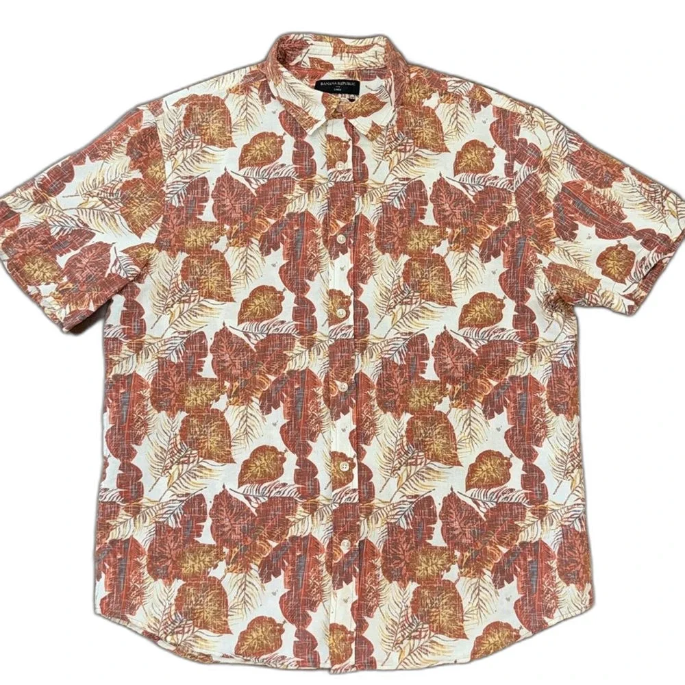 Banana Republic Linen Camp Shirt Slim Fit Tropical Floral Rust Cream Summer L
